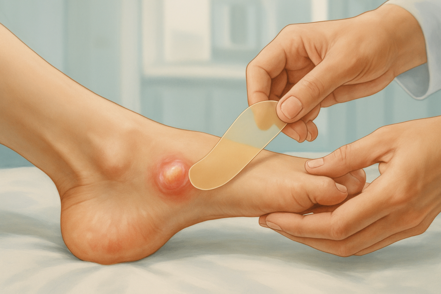 Ampoule au pied à soigner avec un pansement hydrocolloïde sur le talon