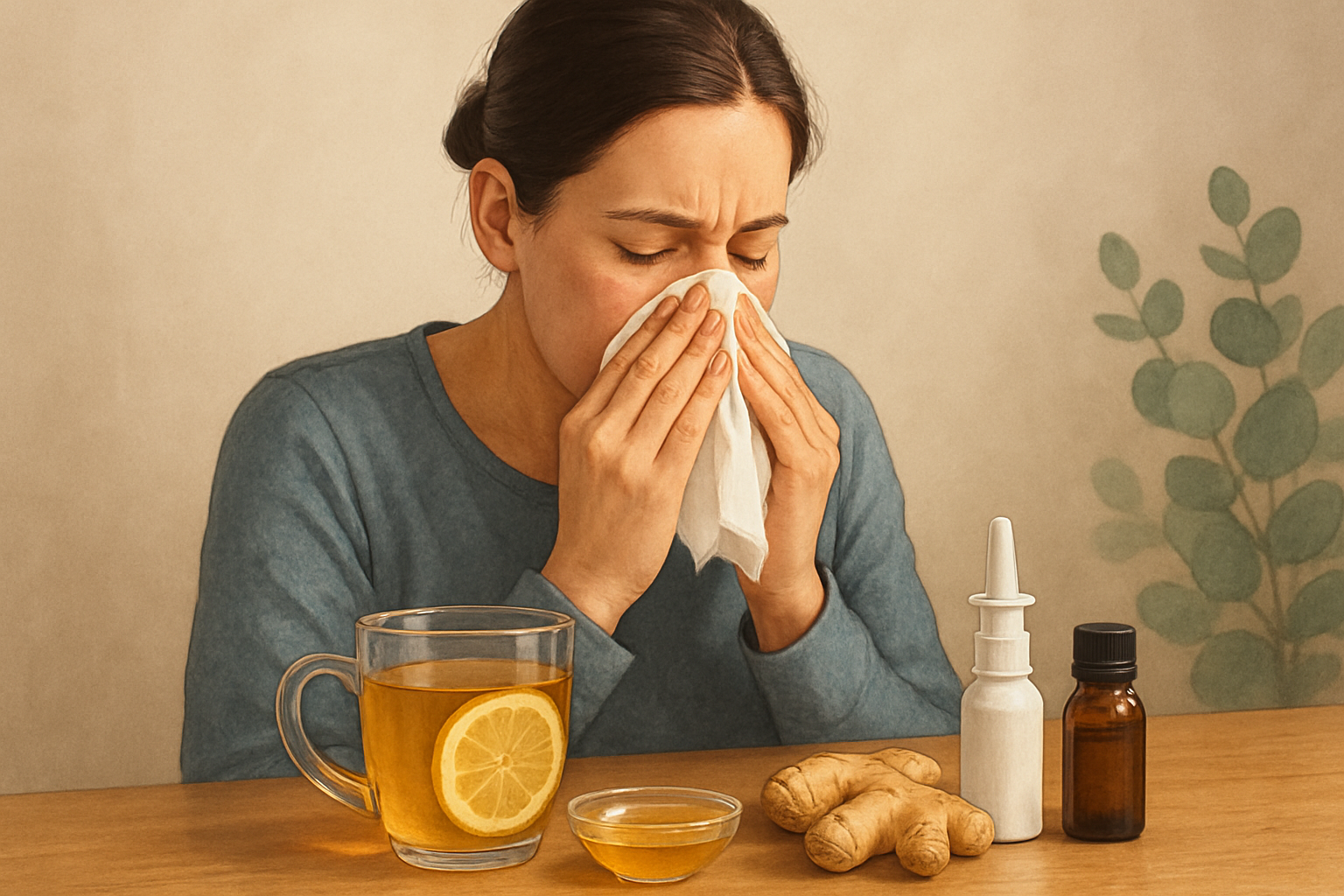 Astuces contre la goutte au nez : remèdes naturels et lavage nasal sur une table en bois