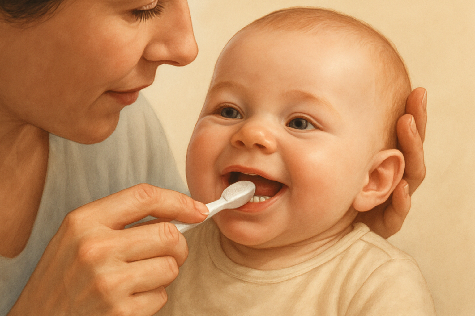 Bébé avec mauvaise haleine - parent nettoyant les gencives de son nourrisson