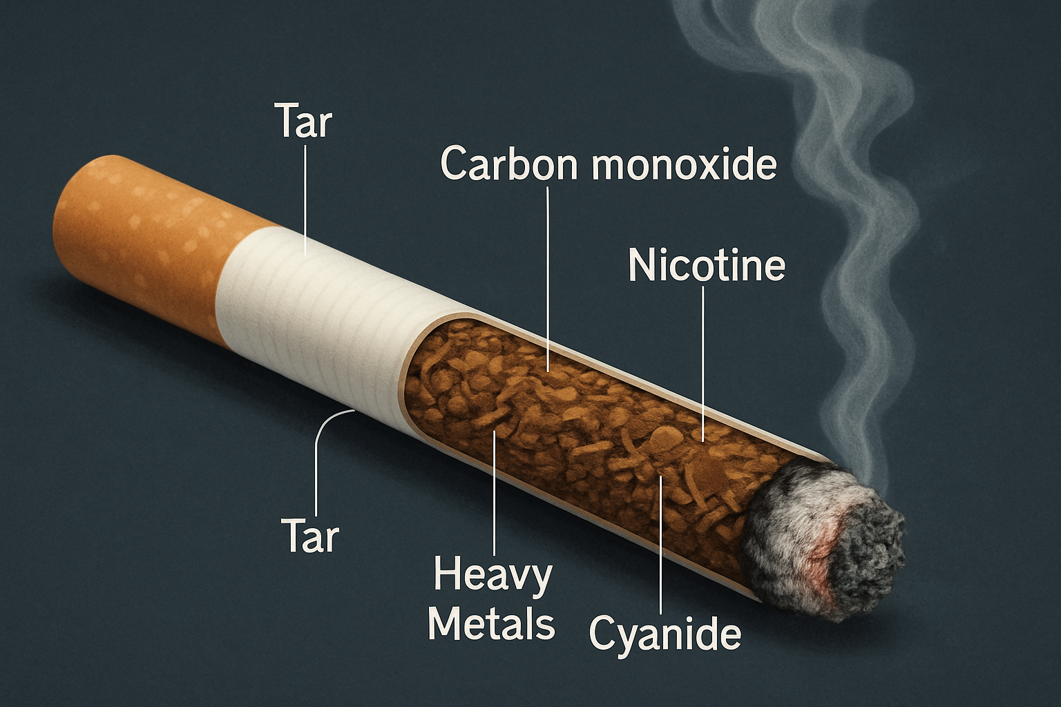 Composition d'une cigarette et ses composants toxiques illustrés en coupe transversale