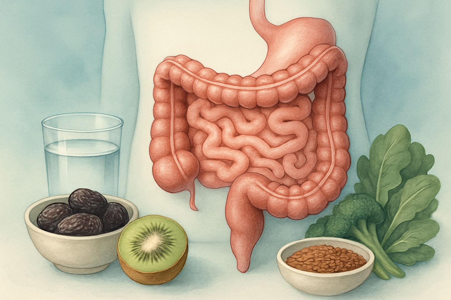 Constipation que faire - illustration du système digestif avec aliments riches en fibres