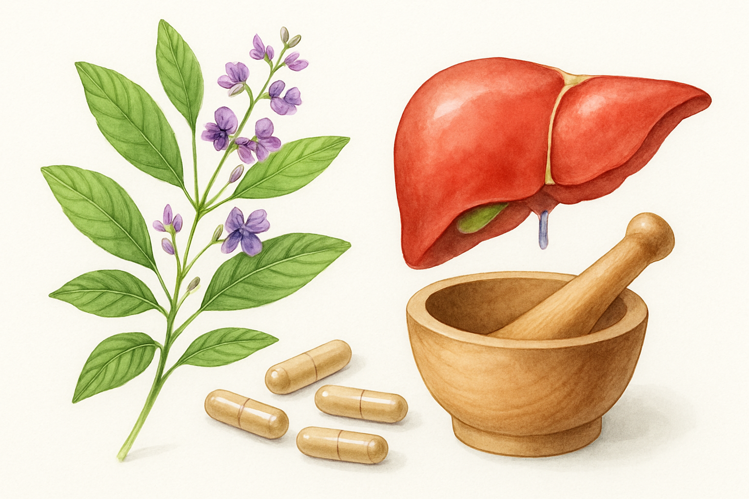 Desmodium plante médicinale aux bienfaits hépatoprotecteurs avec feuilles vertes et gélules naturelles