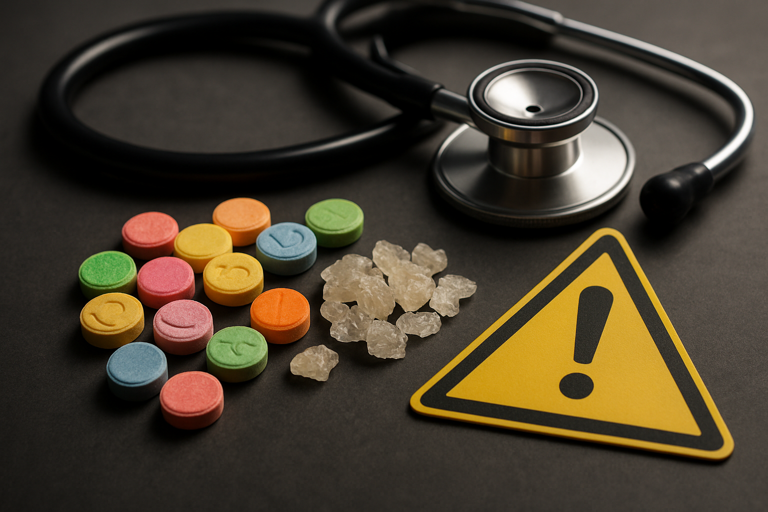 Ecstasy composition effets drogue - comprimés colorés MDMA et symbole médical de danger