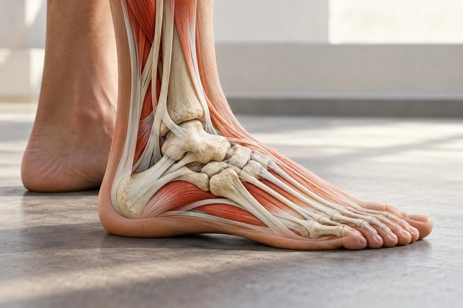 anatomie du pied pour os, muscles et mouvements dans une composition sobre et lisible