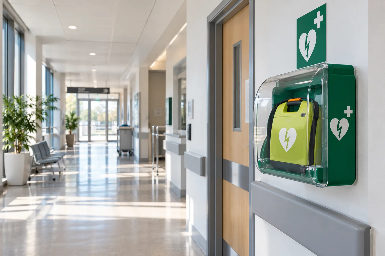 Défibrillateur en établissement de santé installé dans un couloir