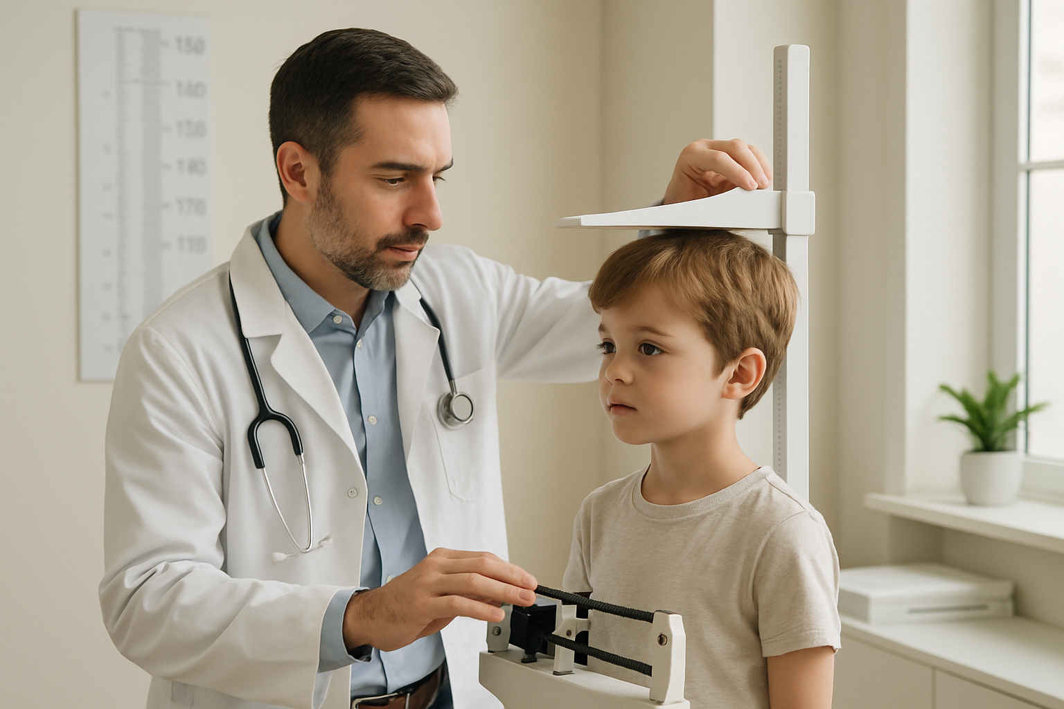Calcul de l'IMC chez l'enfant et l'adolescent : médecin mesurant un enfant en consultation