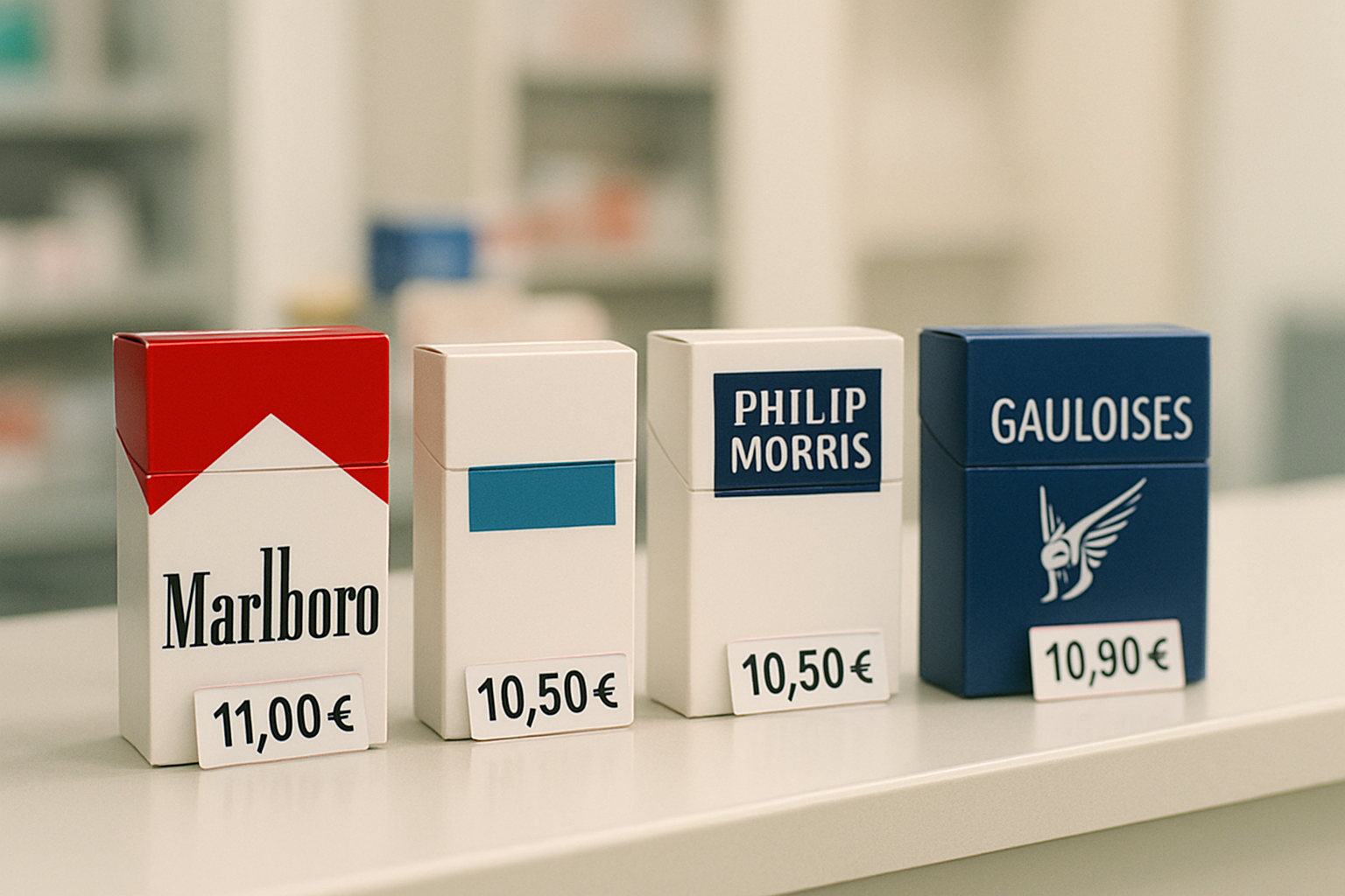 Prix tabac paquet cigarette 2026 - paquets de cigarettes sur un comptoir de bureau de tabac en France
