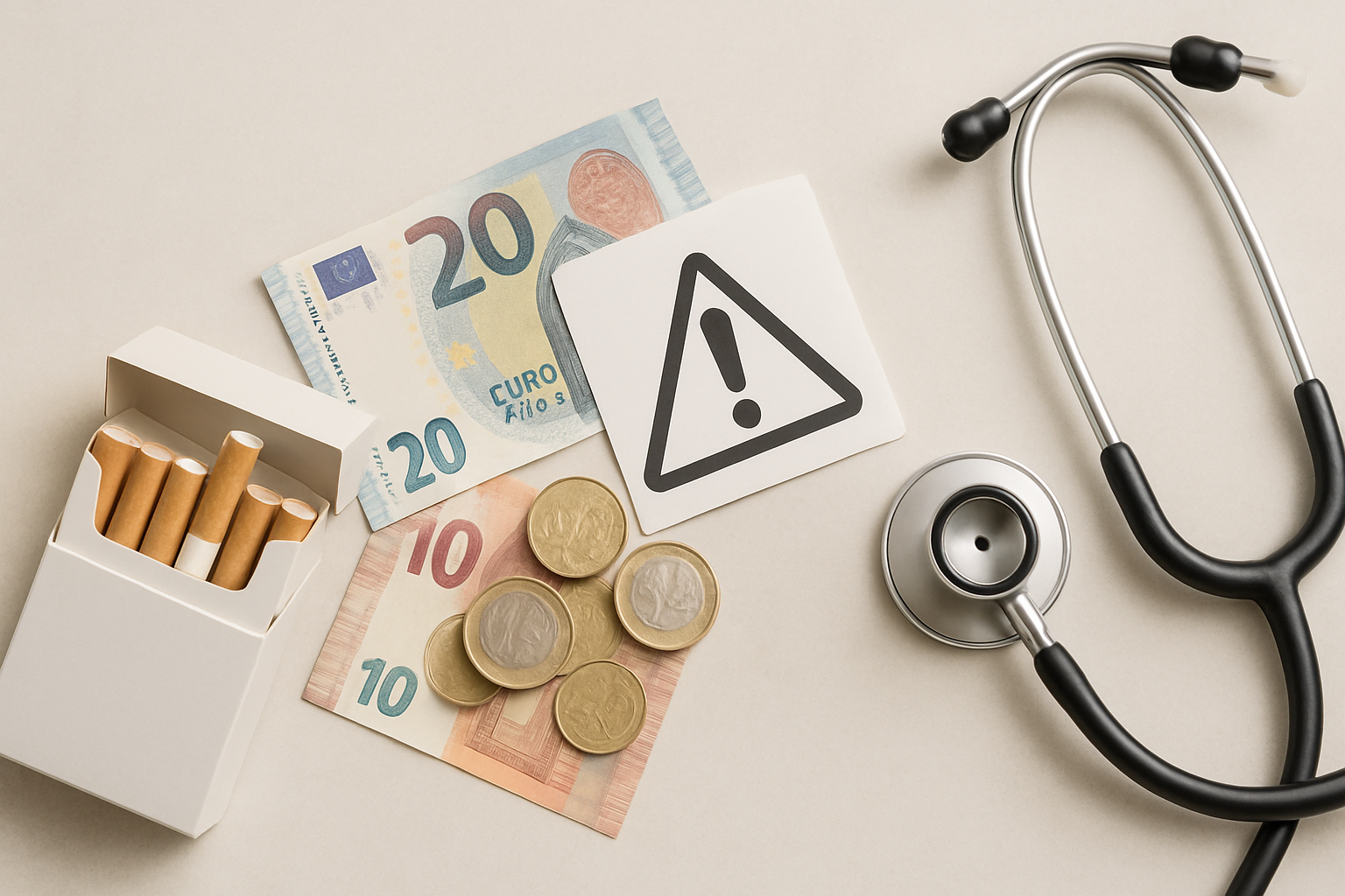 Prix tabac paquet cigarette 2026 - paquet de cigarettes avec pièces d'euros et stéthoscope