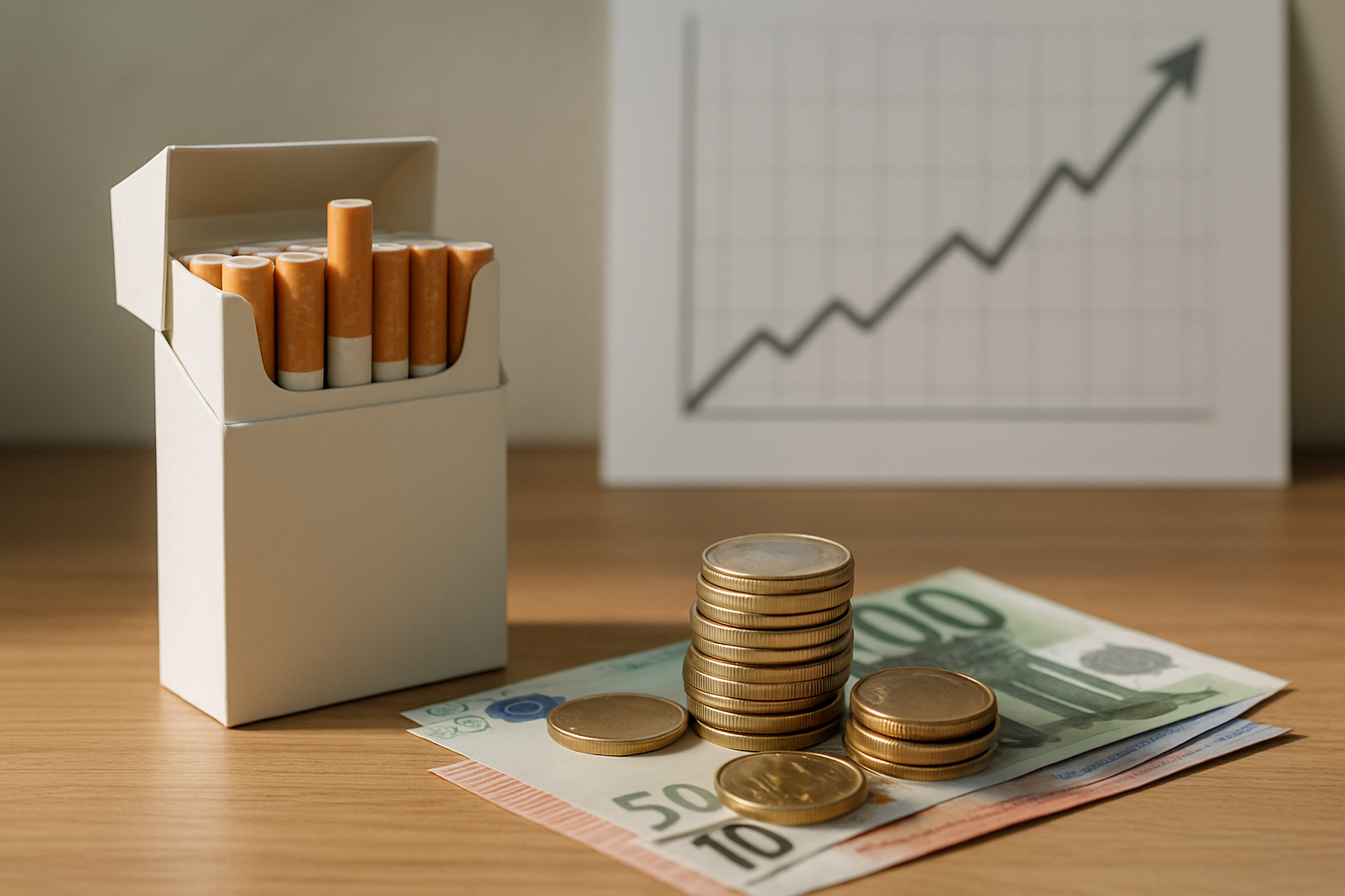 Prix tabac paquet de cigarettes 2026 avec pièces d'euros et graphique de hausse