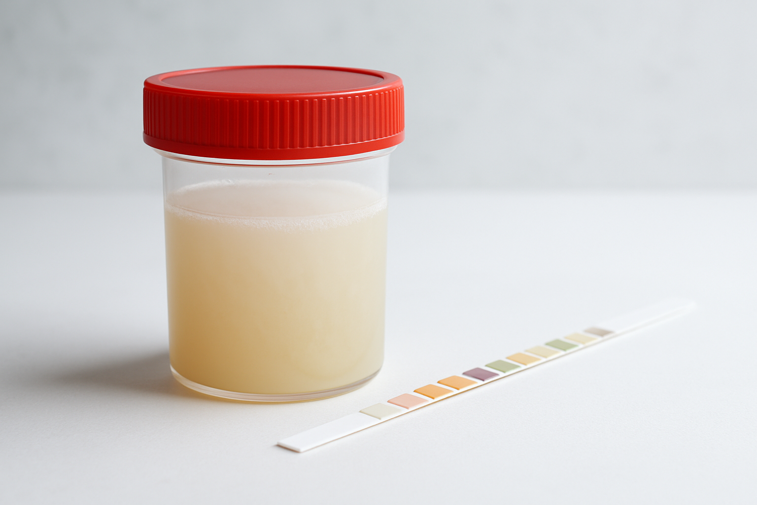 Urine blanche et laiteuse dans un flacon d'analyse médicale avec bandelette urinaire
